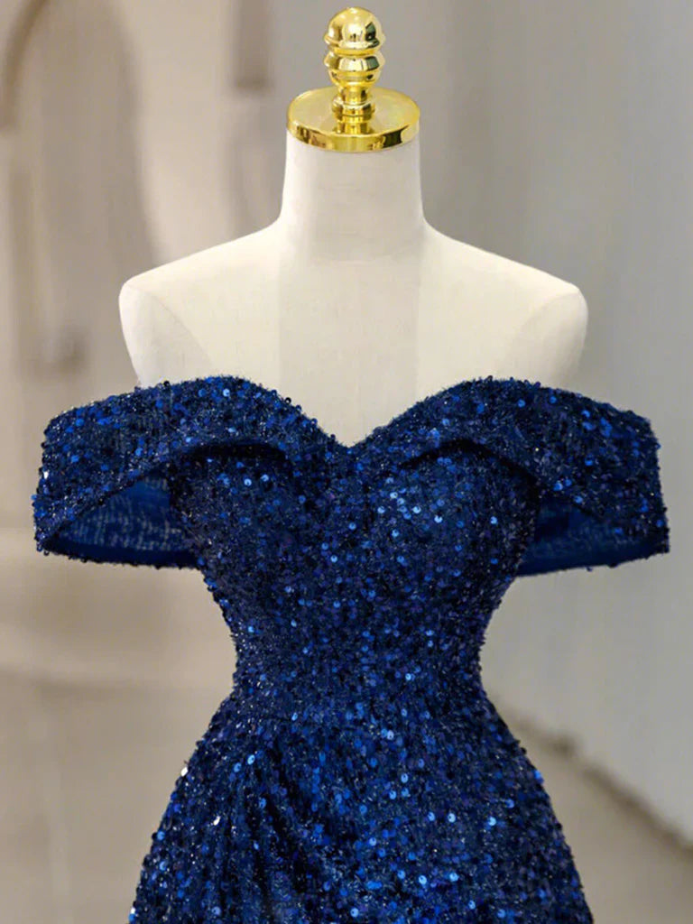 Simple Off Shoulder Sequin Blue Long prom Dress, Blue Sequin Long Evening Dress ED0742
