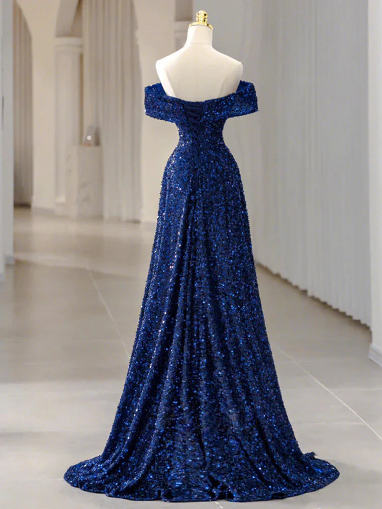 Simple Off Shoulder Sequin Blue Long prom Dress, Blue Sequin Long Evening Dress ED0742