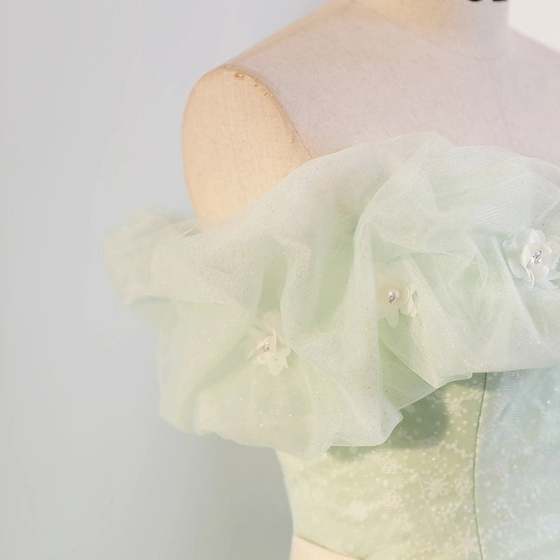 Green Off Shoulder Tulle Green Long Prom Dress, Green Lace Long Sweet 16 Dress ED0743