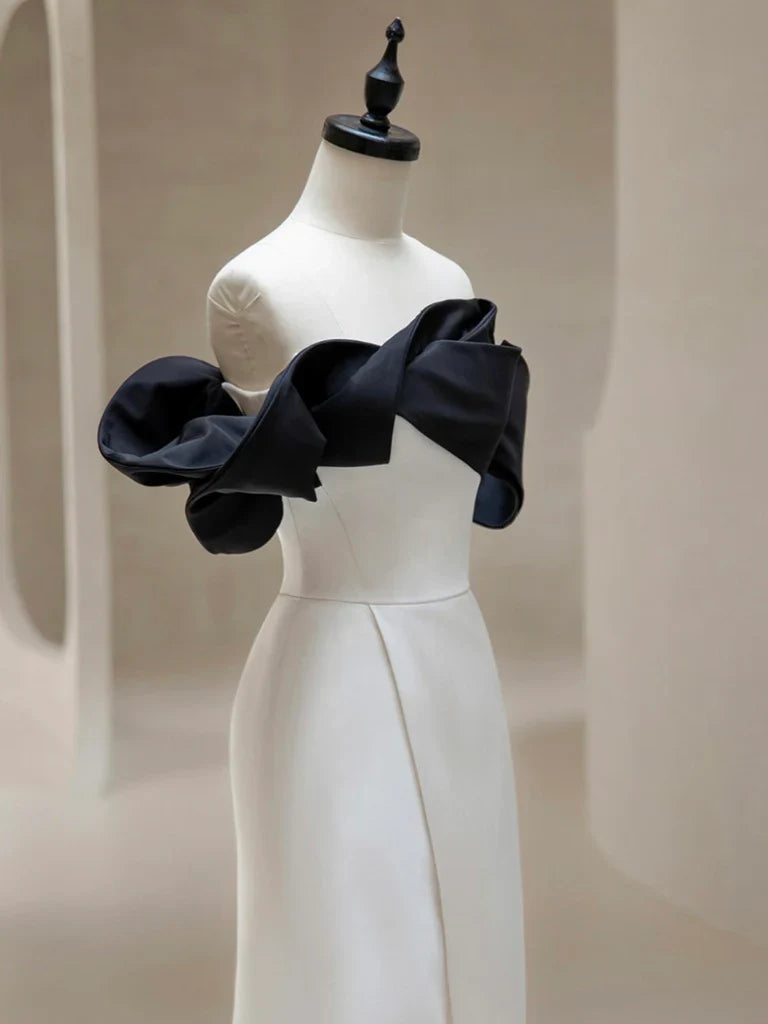 Simple Off Shoulder Satin Black/Beige Long Prom Dress, Black/Beige Long Formal Dress ED0752