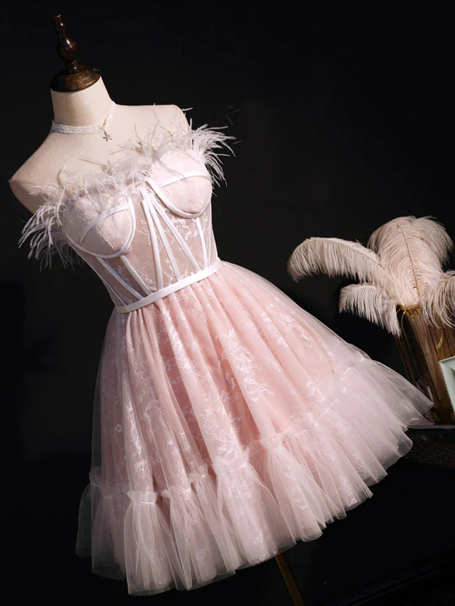 Cute sweetheart neck tulle short prom dress pink tulle homecoming dress ED0757