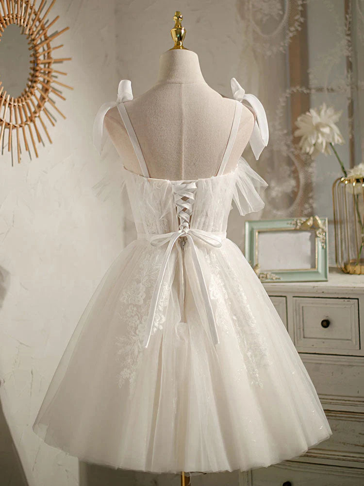 White sweetheart neck tulle lace short prom dress, white tulle formal dress ED0761