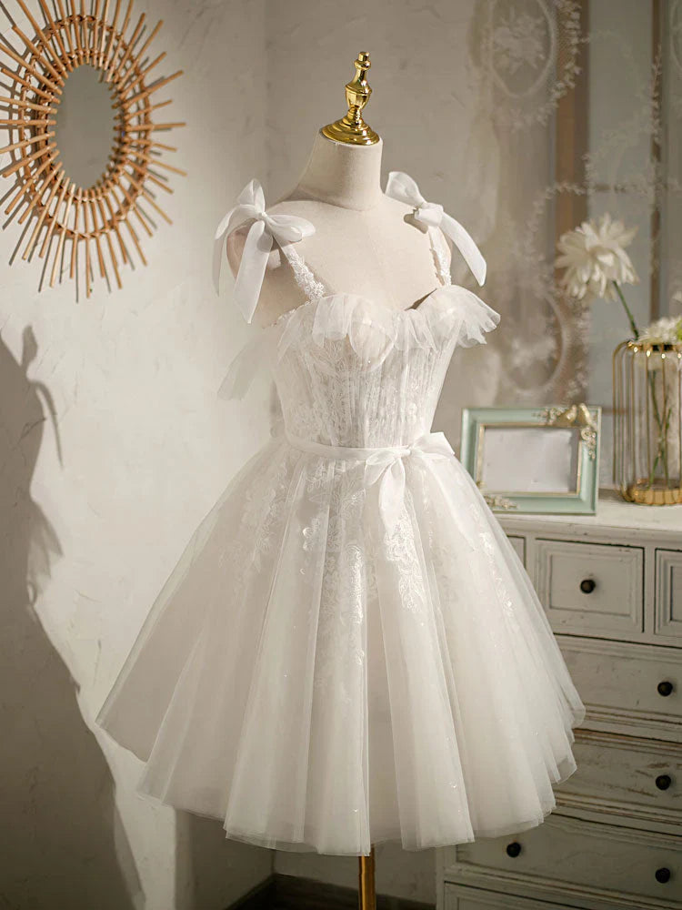 White sweetheart neck tulle lace short prom dress, white tulle formal dress ED0761