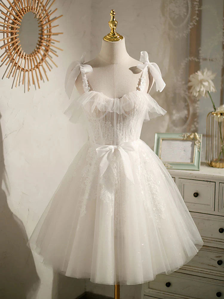 White sweetheart neck tulle lace short prom dress, white tulle formal dress ED0761