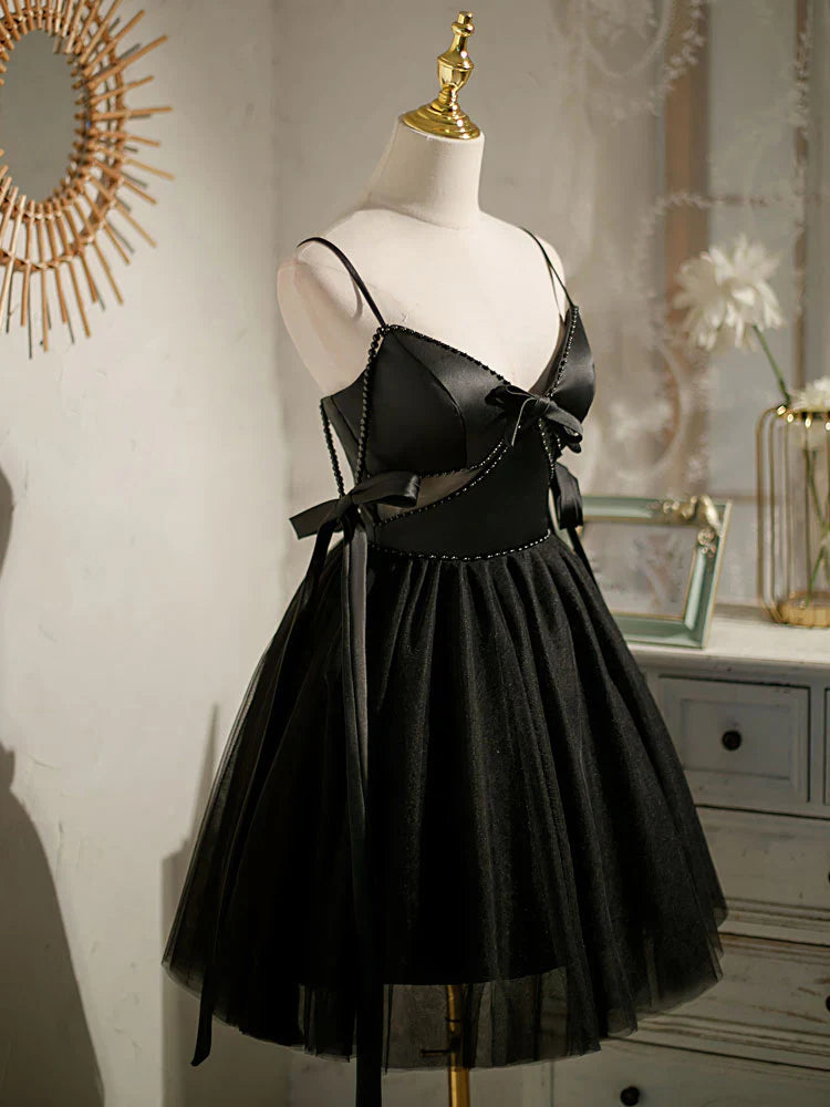 Black A-line tulle short prom dress, black homecoming dress ED0762