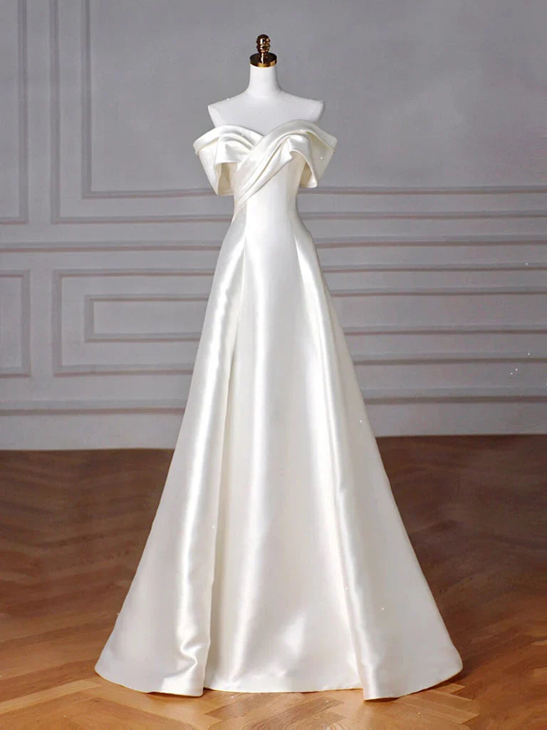 A-Line Off Shoulder Satin ivory Long Prom Dress, Satin Long Formal Dress ED077