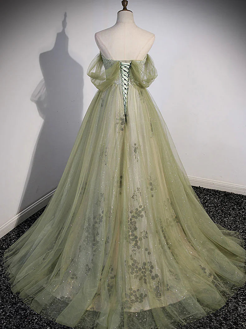 A-line Green Long Prom Dress, Green Tulle Formal Evening Dress ED0780