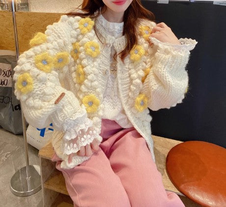 Hand-crocheted thick needle three-dimensional flower beanie sweater knitted cardigan ED0798