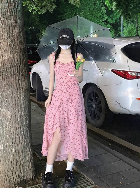 French Tea Break Floral Ruffled Sling Dress ED0803