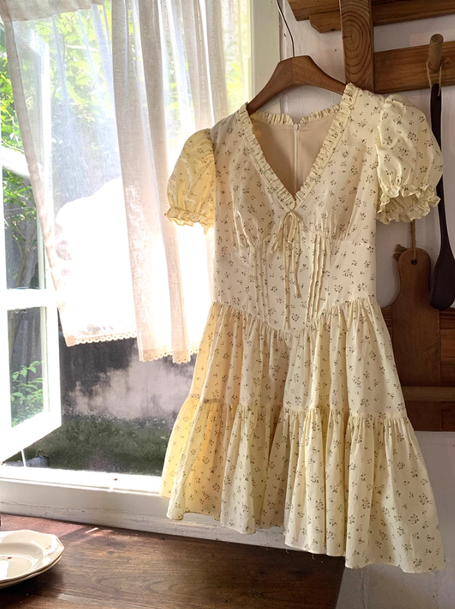 French V-neck puff sleeve floral dress ED0805