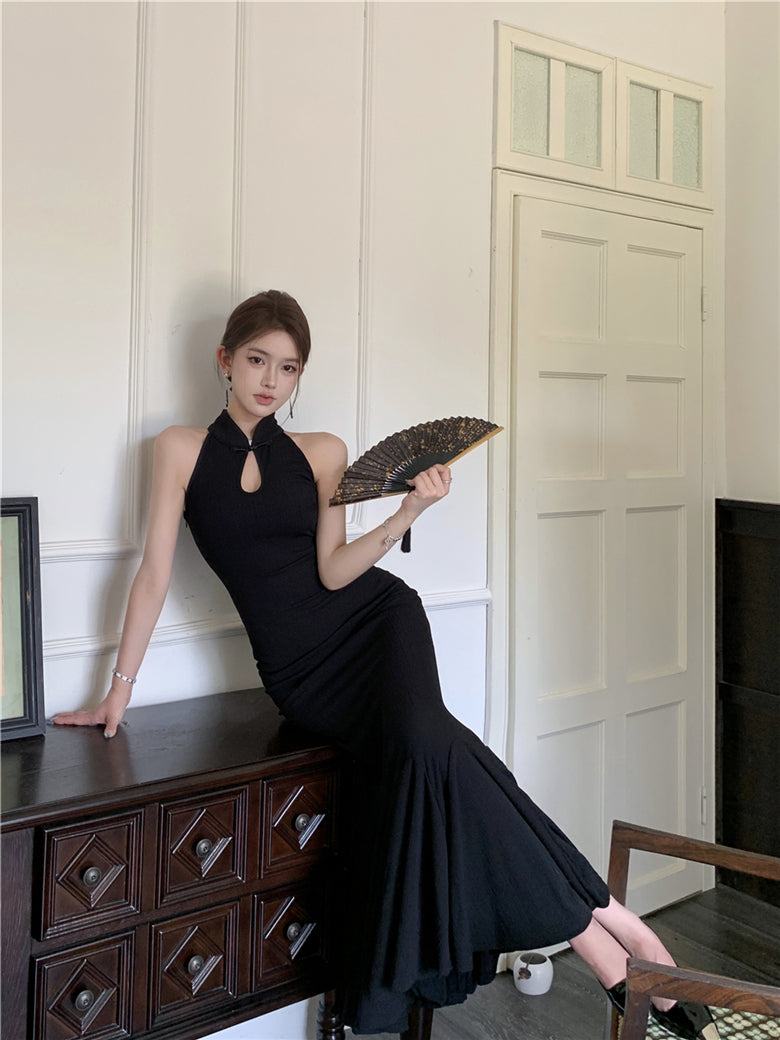 New Chinese style improved cheongsam buttoned halter neck fishtail skirt ED0806