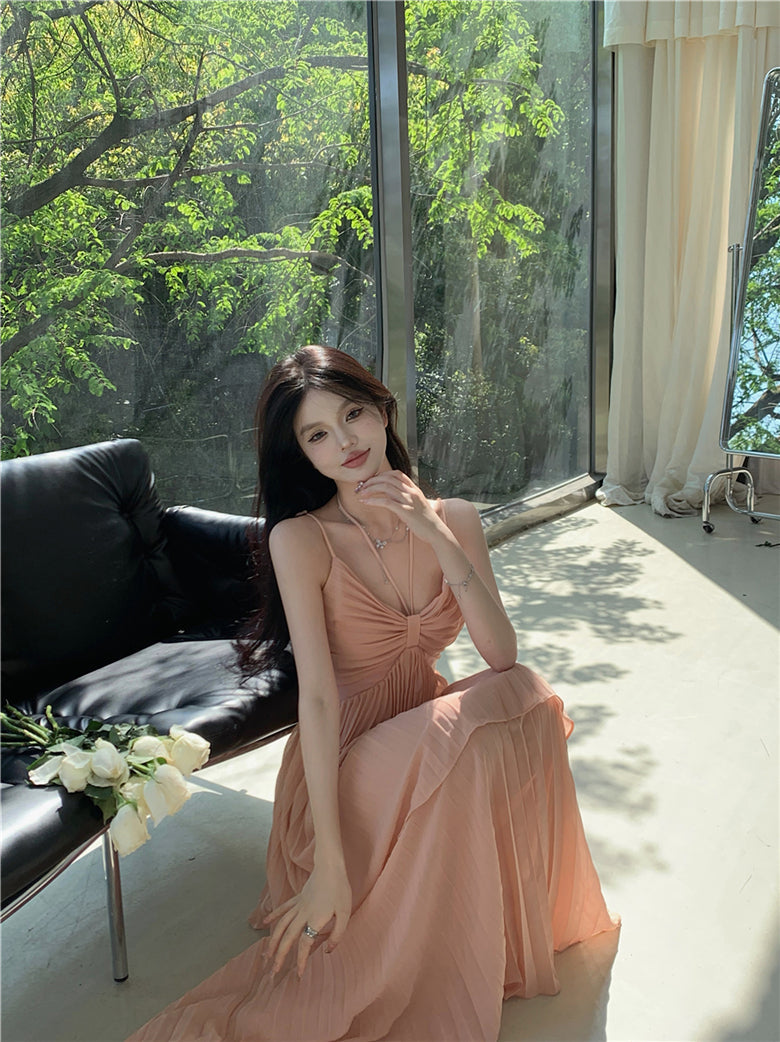 Holiday style A-line v-neck suspender long skirt ED0808