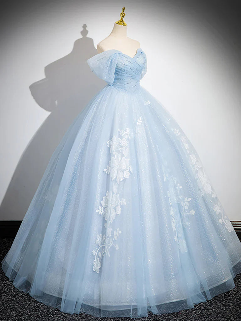 A-Line Off Shoulder Tulle Sequin Blue Long Prom Dress, Blue Sweet 16 Dress ED081