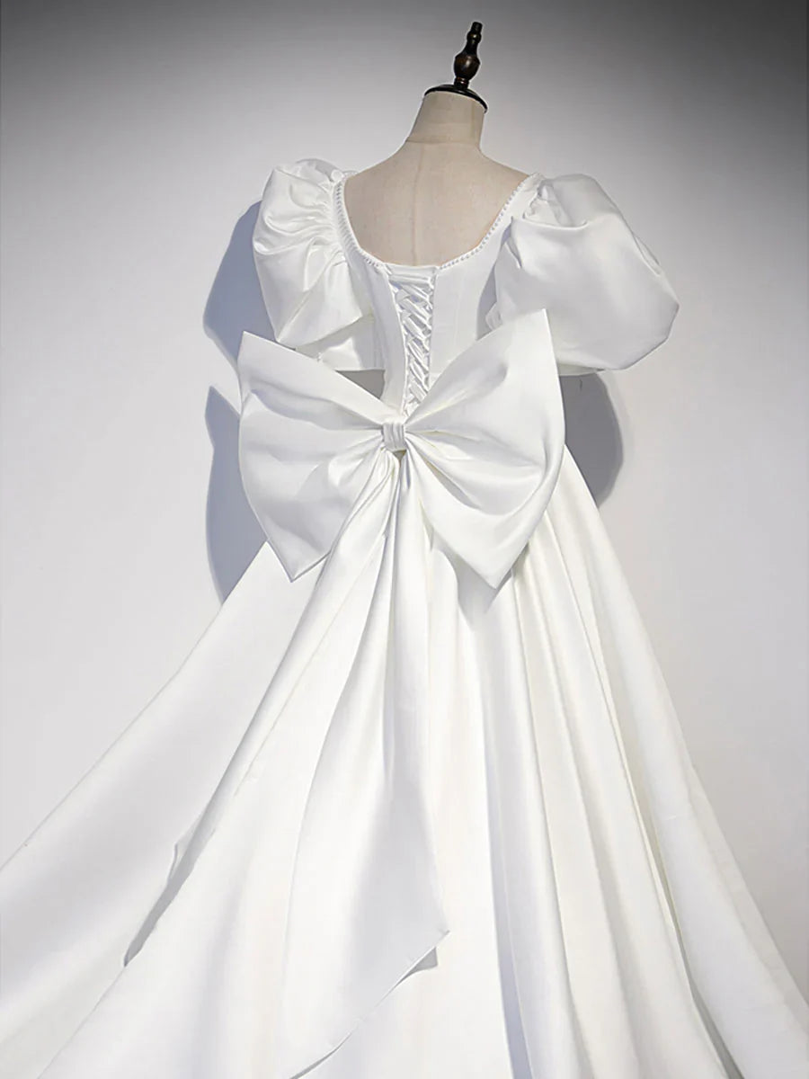 White satin long prom dress, white long evening dress ED0814