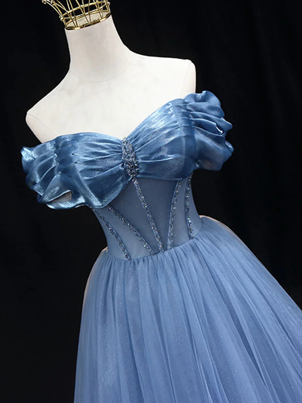 Blue off shoulder tulle long prom dress, blue tulle formal dress ED0817