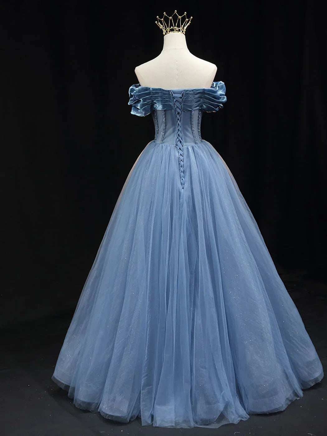 Blue off shoulder tulle long prom dress, blue tulle formal dress ED0817