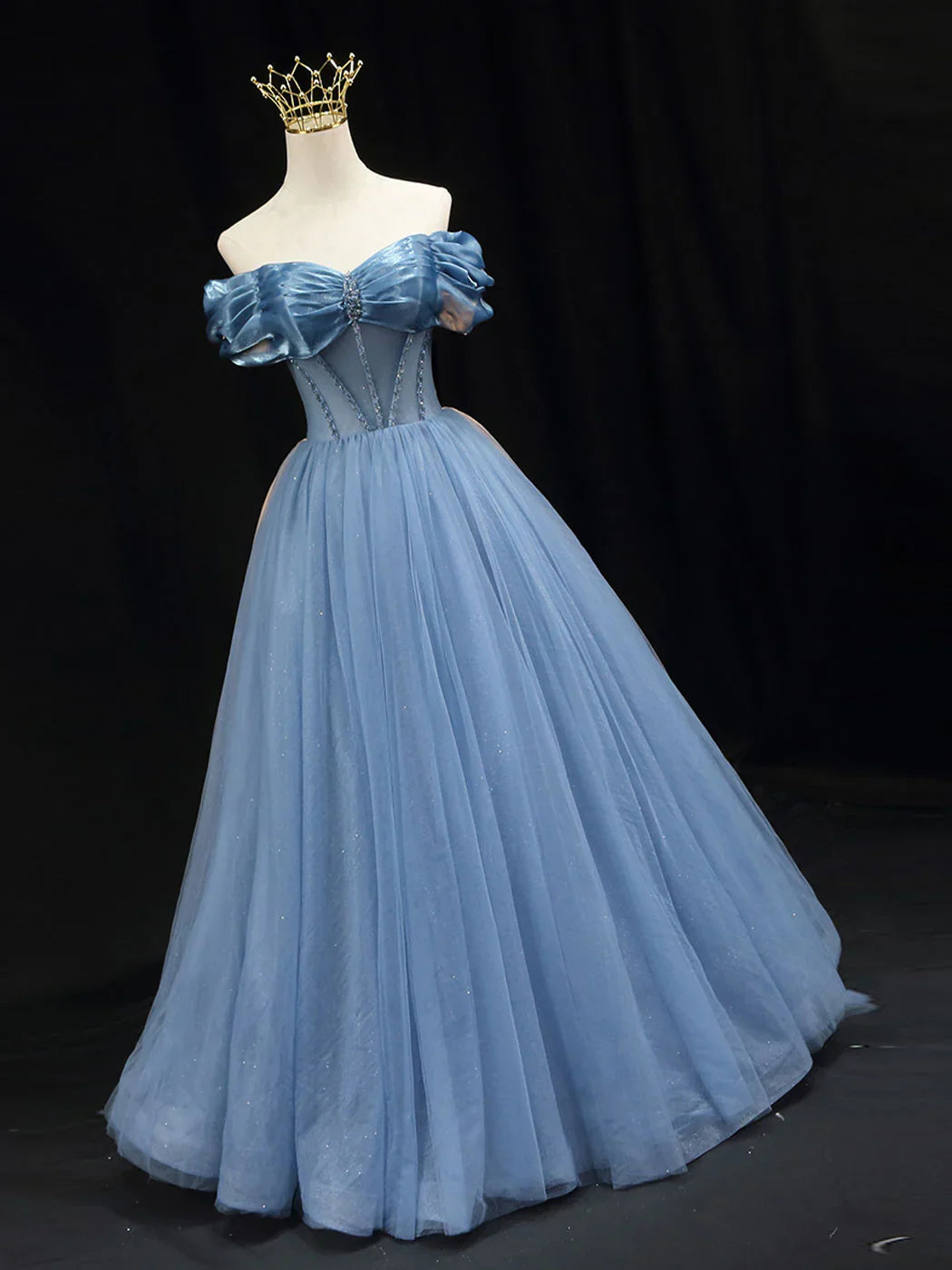Blue off shoulder tulle long prom dress, blue tulle formal dress ED0817