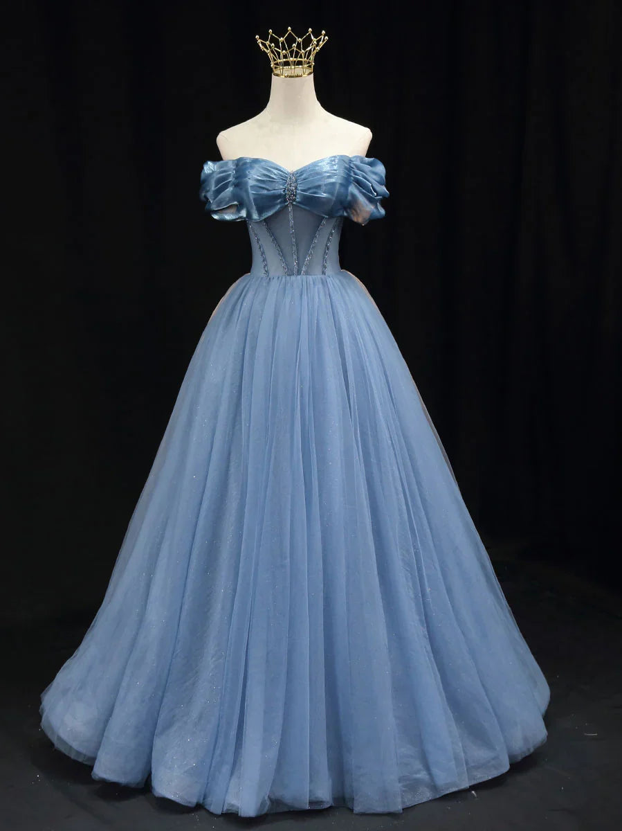Blue off shoulder tulle long prom dress, blue tulle formal dress ED0817
