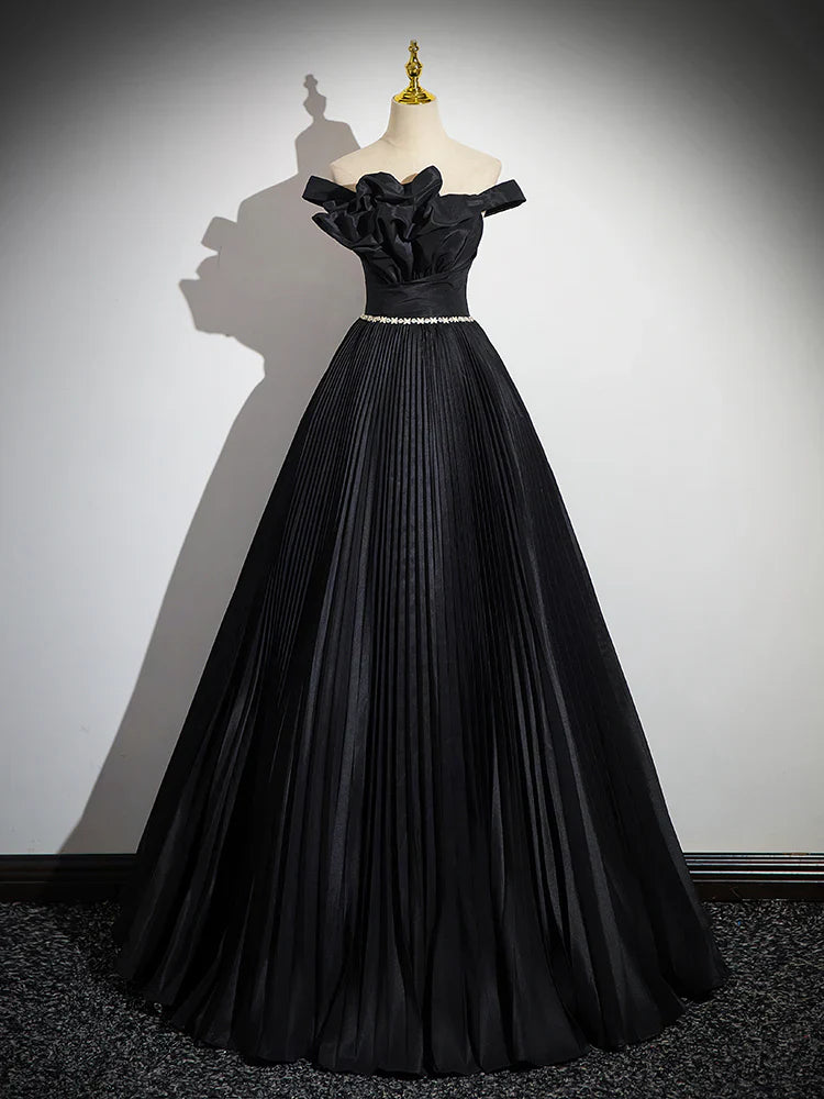 A-Line Off Shoulder Black Long Prom Dress, Black Long Evening Dress ED082