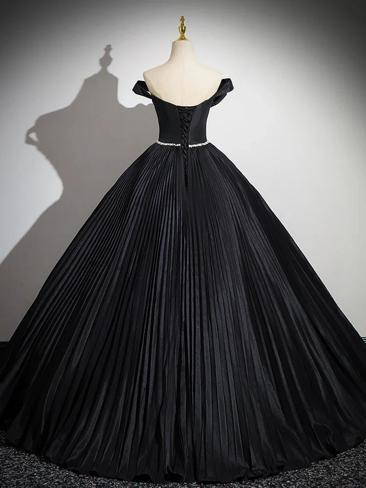 A-Line Off Shoulder Black Long Prom Dress, Black Long Evening Dress ED082