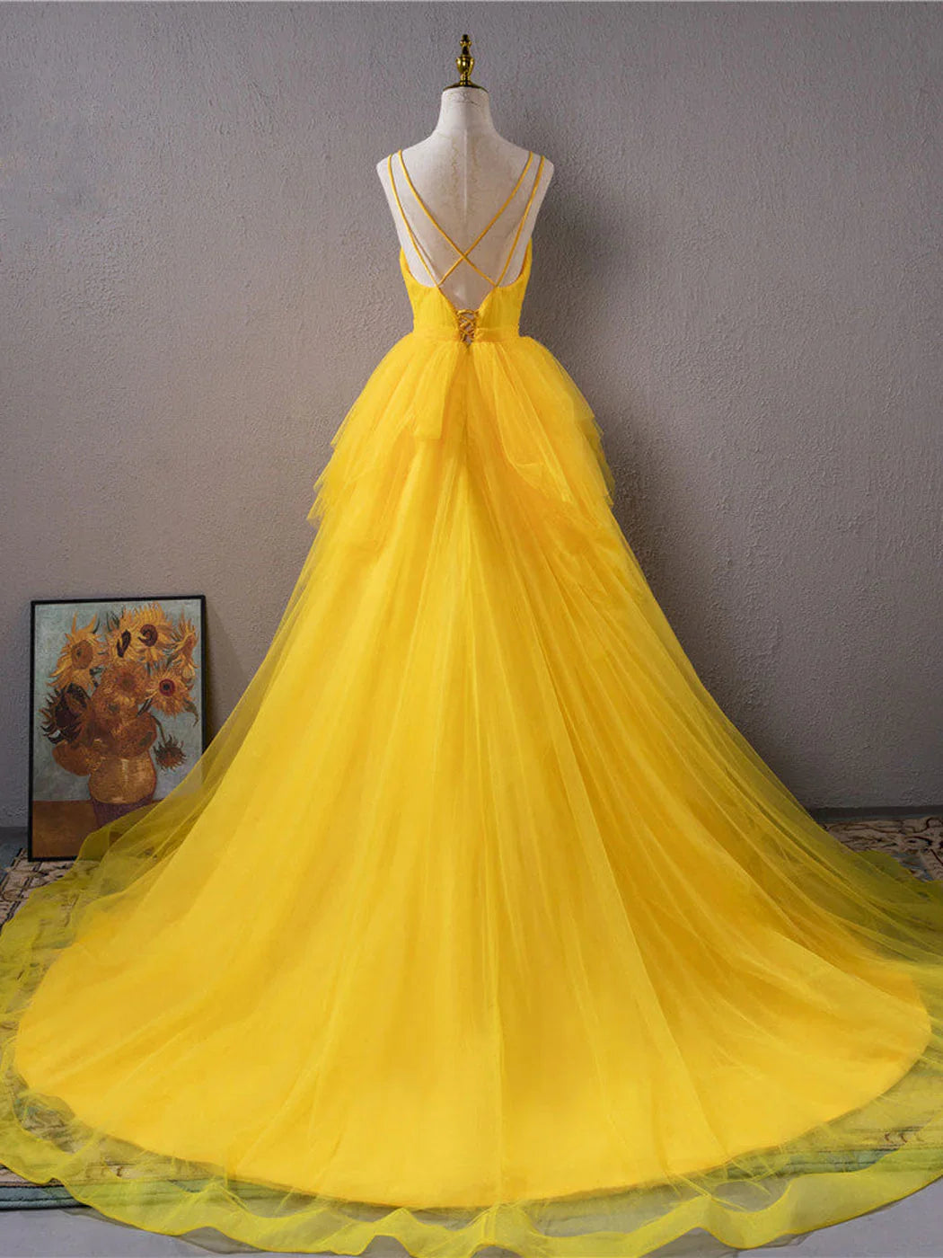 Yellow v neck tulle long prom dress high low long yellow graduation dress ED0821