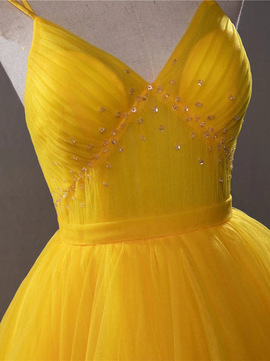 Yellow v neck tulle long prom dress high low long yellow graduation dress ED0821