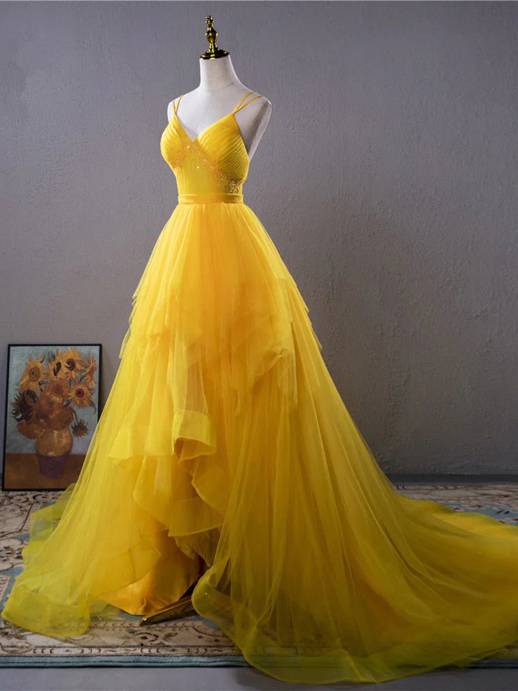 Yellow v neck tulle long prom dress high low long yellow graduation dress ED0821