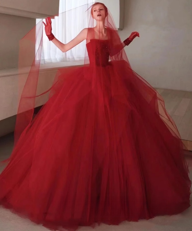 Burgundy tulle beads long prom dress, burgundy tulle wedding dress ED0826