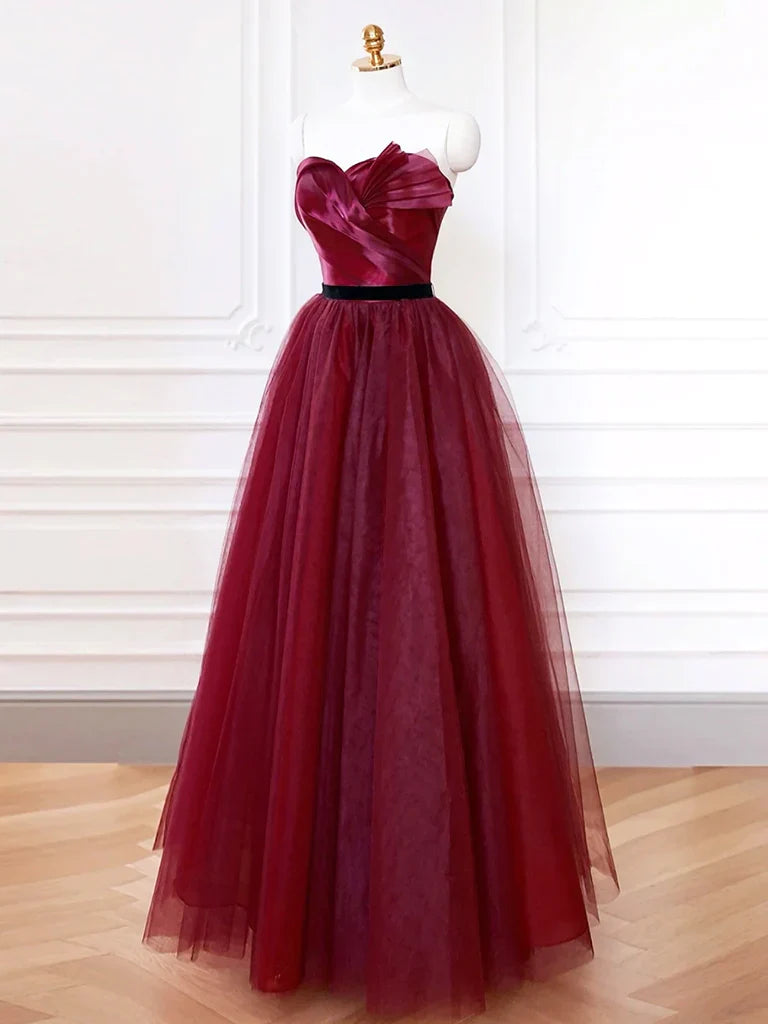 A-Line Sweetheart Neck Tulle Burgundy Long Prom Dress, Burgundy Long Formal Dress ED083