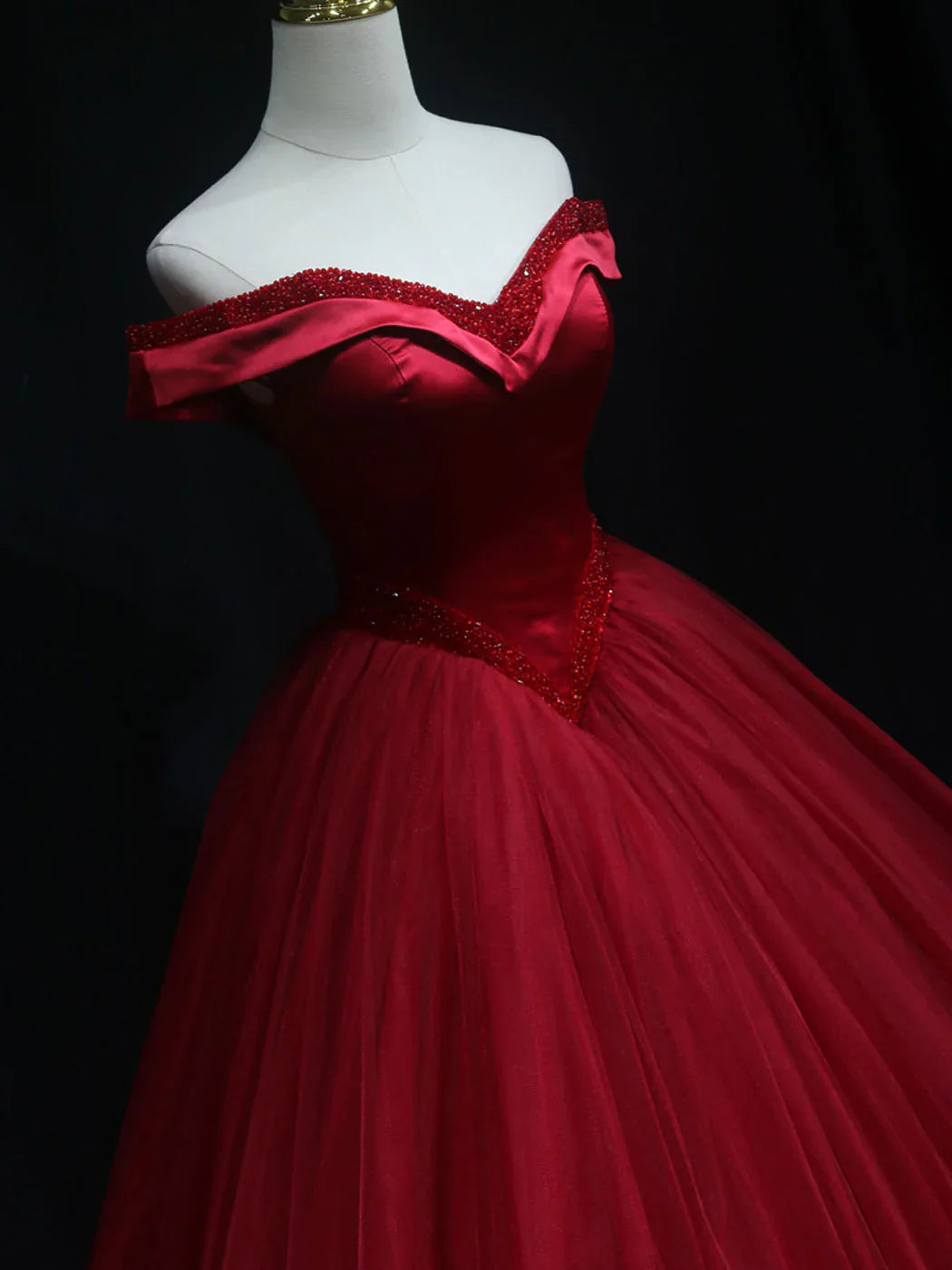 Burgundy off shoulder beads long prom dress burgundy formal dress ED0831