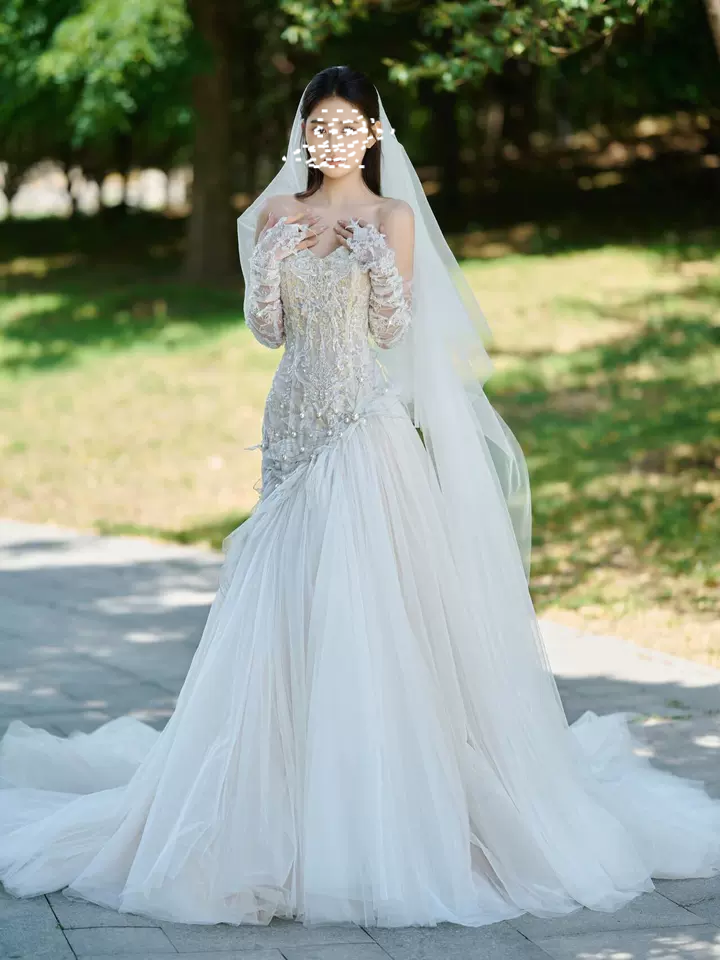 Mermaid Off-white Sweetheart Neckline Tulle lace dress, Off-white formal dress ED0833