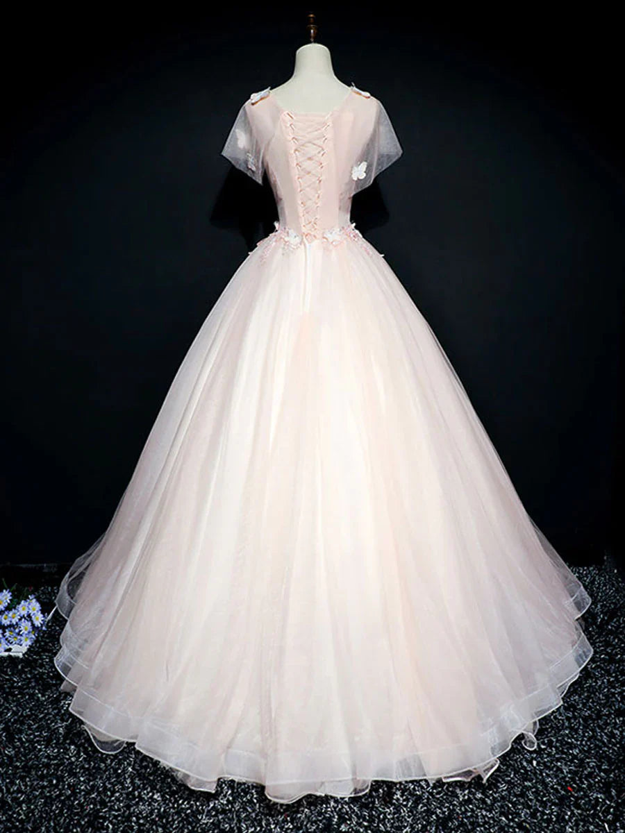 Pink round neck tulle lace long prom dress, pink sweet 16 dress ED0835