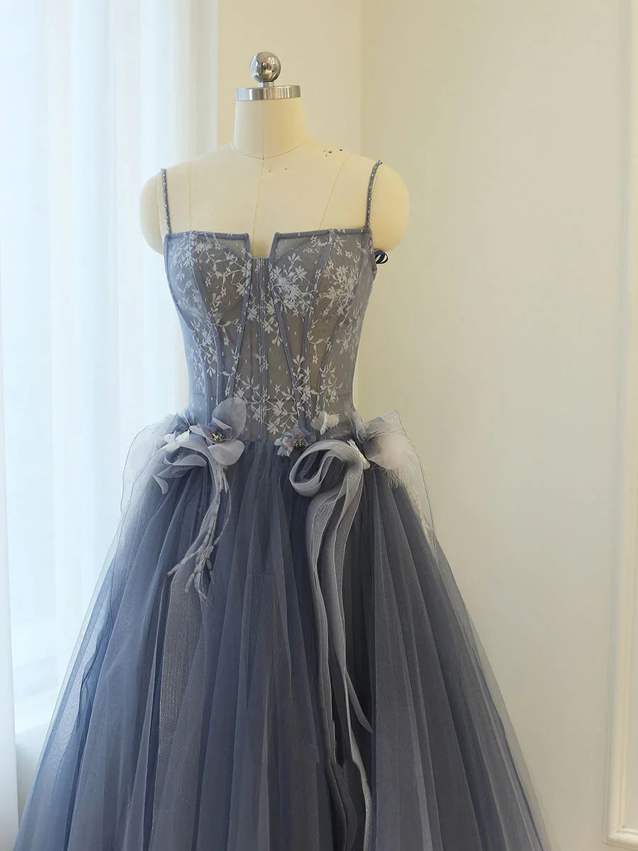 Gray Blue A line lace tulle long prom dress, gray formal evening dress ED0837