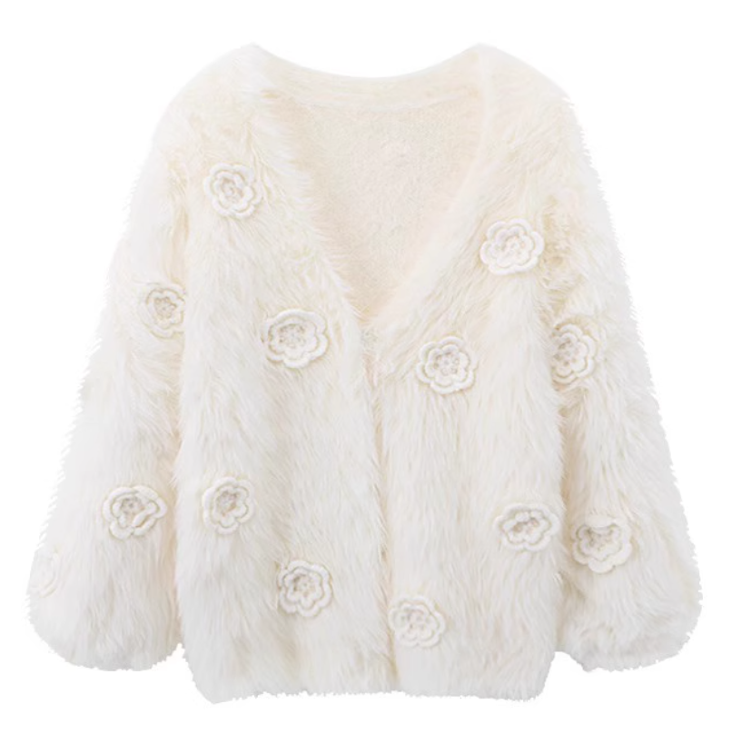 Loose and slim long sleeve V-neck three-dimensional flower fashionable velvet sweater ED0867