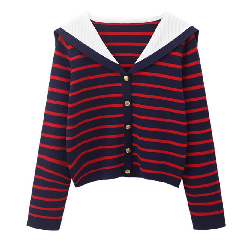 Navy collar cape top with striped sweater and cardigan ED0871