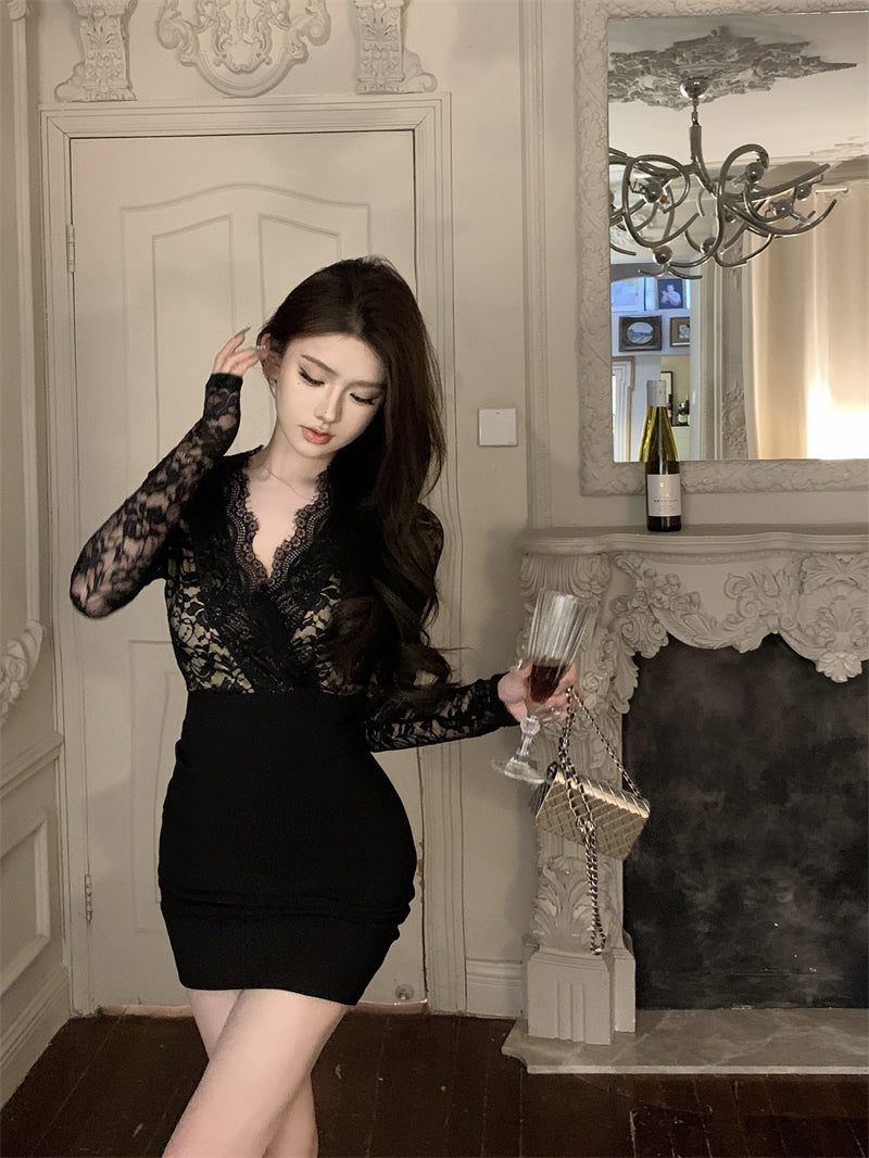 Lace patchwork long sleeve v-neck tight hip dress ED0874
