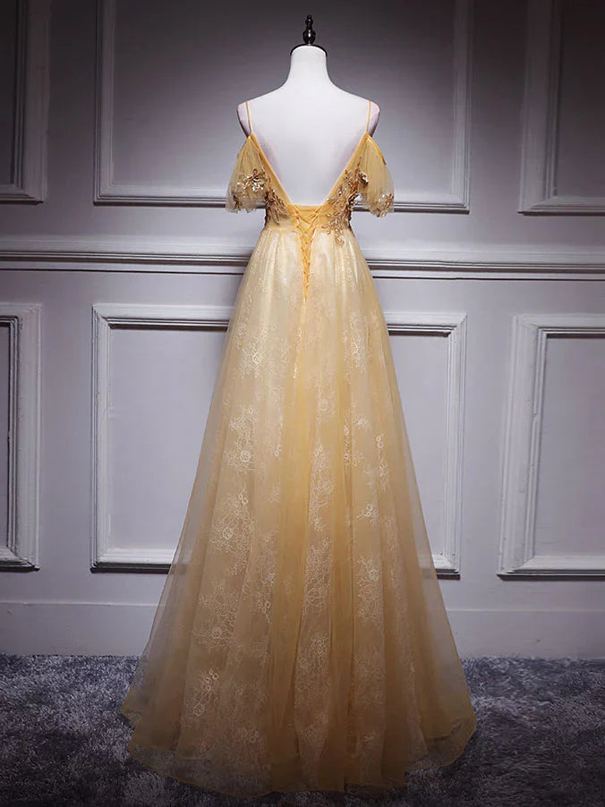 Gold V Neck Tulle Lace Long Prom Dress, Gold Tulle Evening Dress ED0879