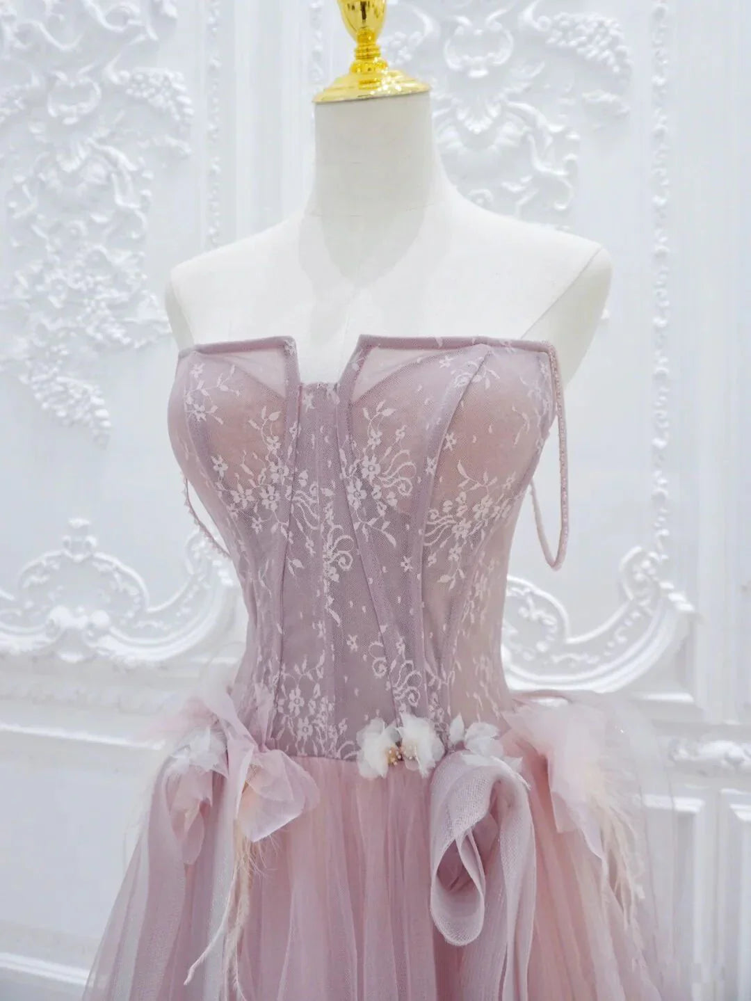 Pink A line Tulle Lace Long Prom Dress, Pink Tulle Formal Dress ED0884