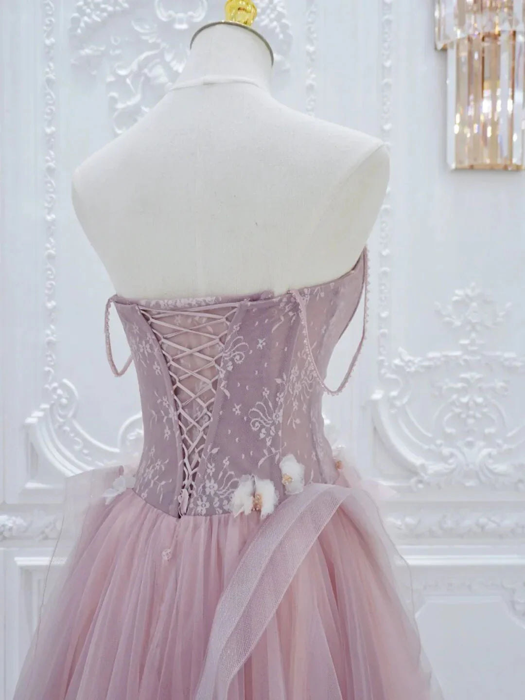 Pink A line Tulle Lace Long Prom Dress, Pink Tulle Formal Dress ED0884