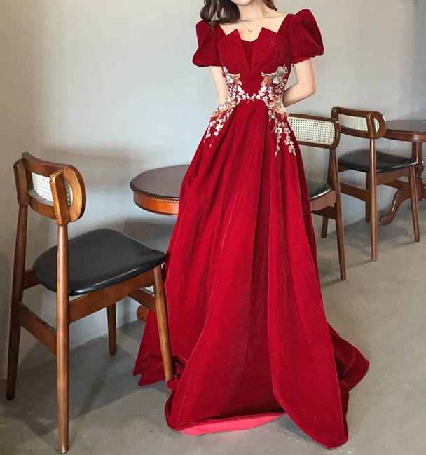 A-Line Short Sleeve Velvet Applique Burgundy Long Prom Dress ED0934