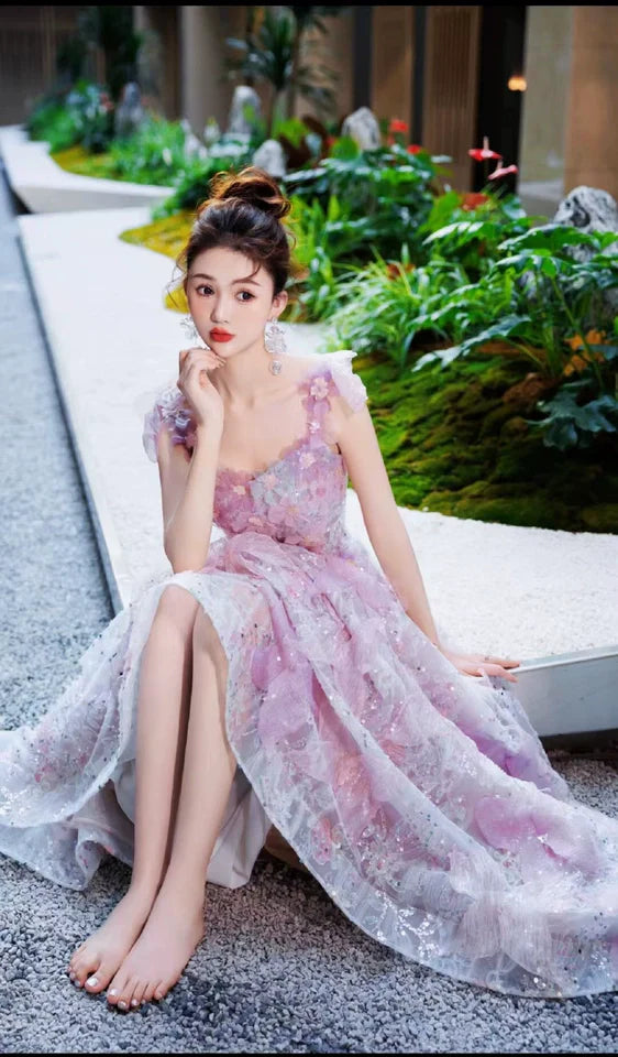 Purple A-line Tulle Sequined Long Prom Dress,Purple Evening Dress ED0935