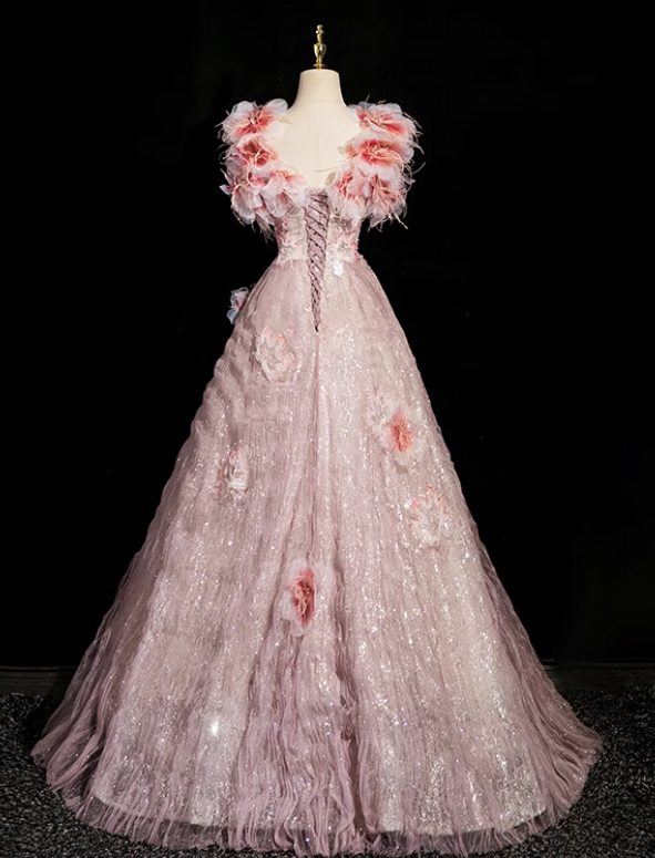 Pink A-line square neck tulle beaded formal long dress, pink birthday dress ED0937