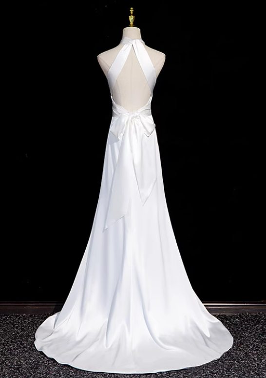 White halter neck satin mermaid formal long dress , white wedding dress ED0939