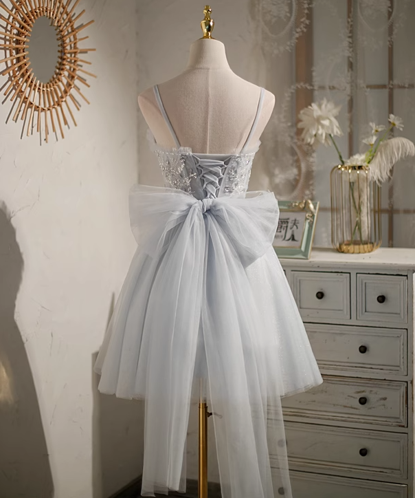 Gray A-line mesh sequined beaded birthday dress, gray homecoming dress ED0949