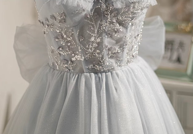 Gray A-line mesh sequined beaded birthday dress, gray homecoming dress ED0949