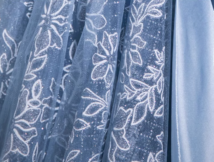 Blue A-line Off-shoulder Tulle Satin Long Prom Dress, Blue Evening Dress ED0965