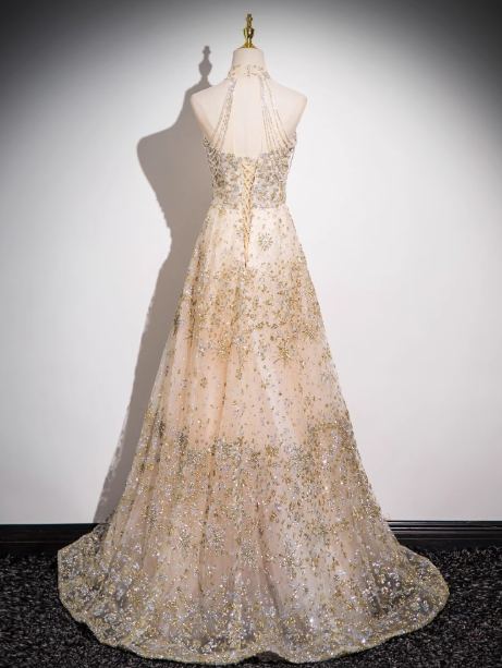 Champagne A-line tulle sequin long prom dress, champagne evening dress ED0966