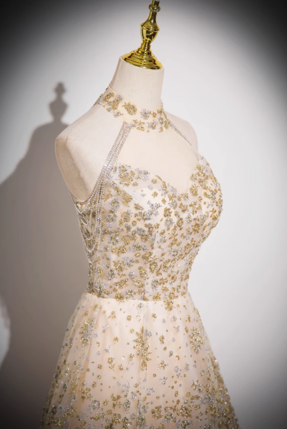 Champagne A-line tulle sequin long prom dress, champagne evening dress ED0966