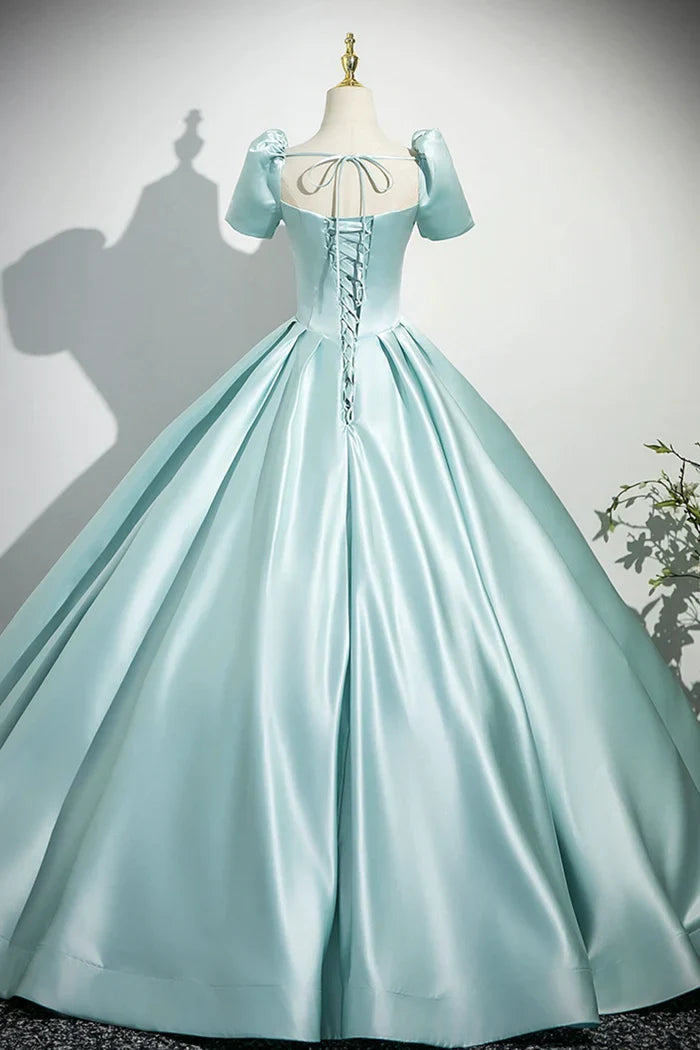 A-Line Satin Long Prom Dress, Beautiful Blue Short Sleeve Evening Party Dress ED0996