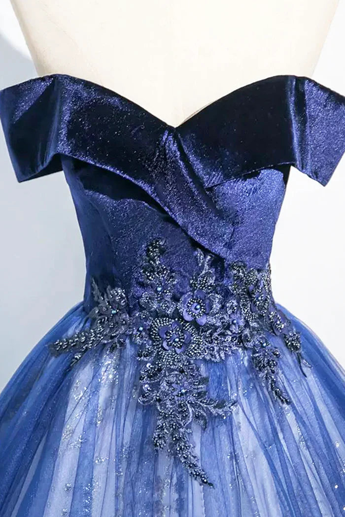 Blue A-Line Velvet Tulle Long Prom Dress, Elegant Off the Shoulder Party Dress ED0998